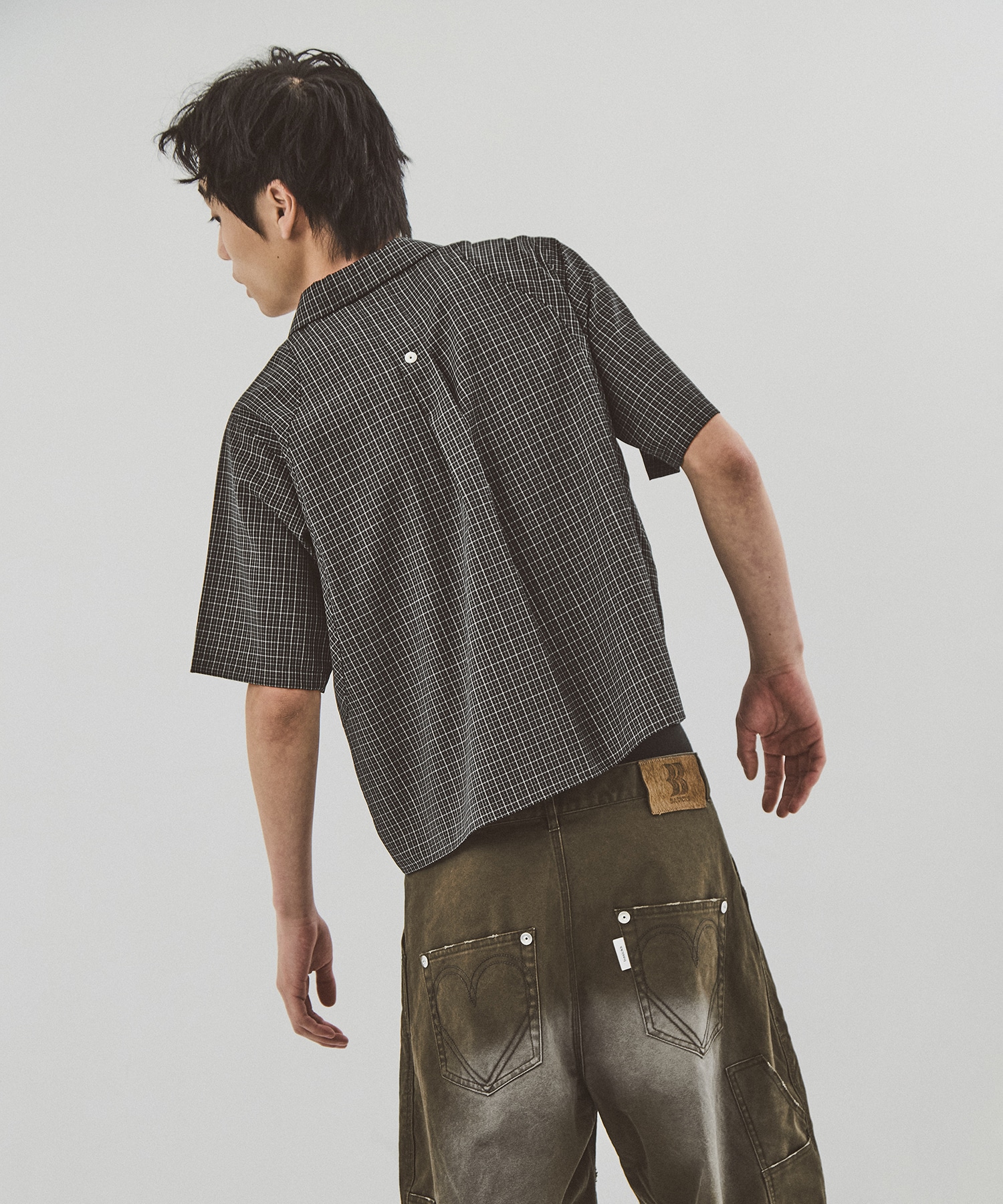 cropped open collar short sleeve shirt check CONZ