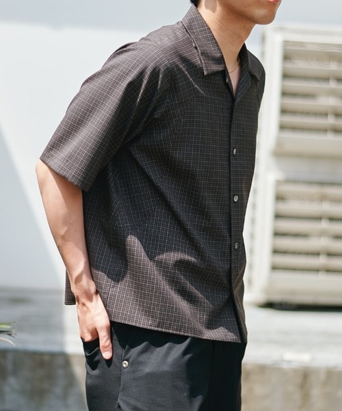 cropped open collar short sleeve shirt check CONZ