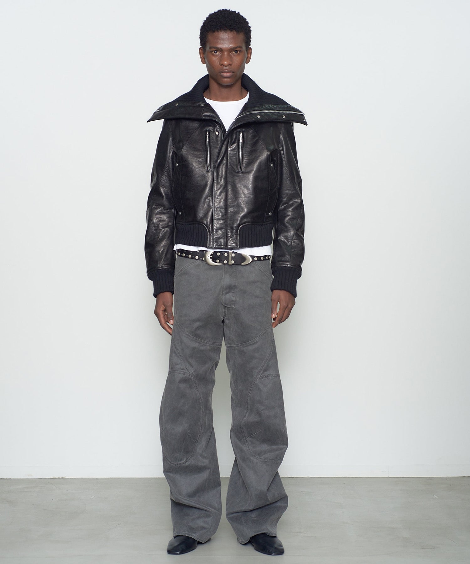 LEATHER PADDED HIGH NECK BOMBER JACKET NVRFRGT