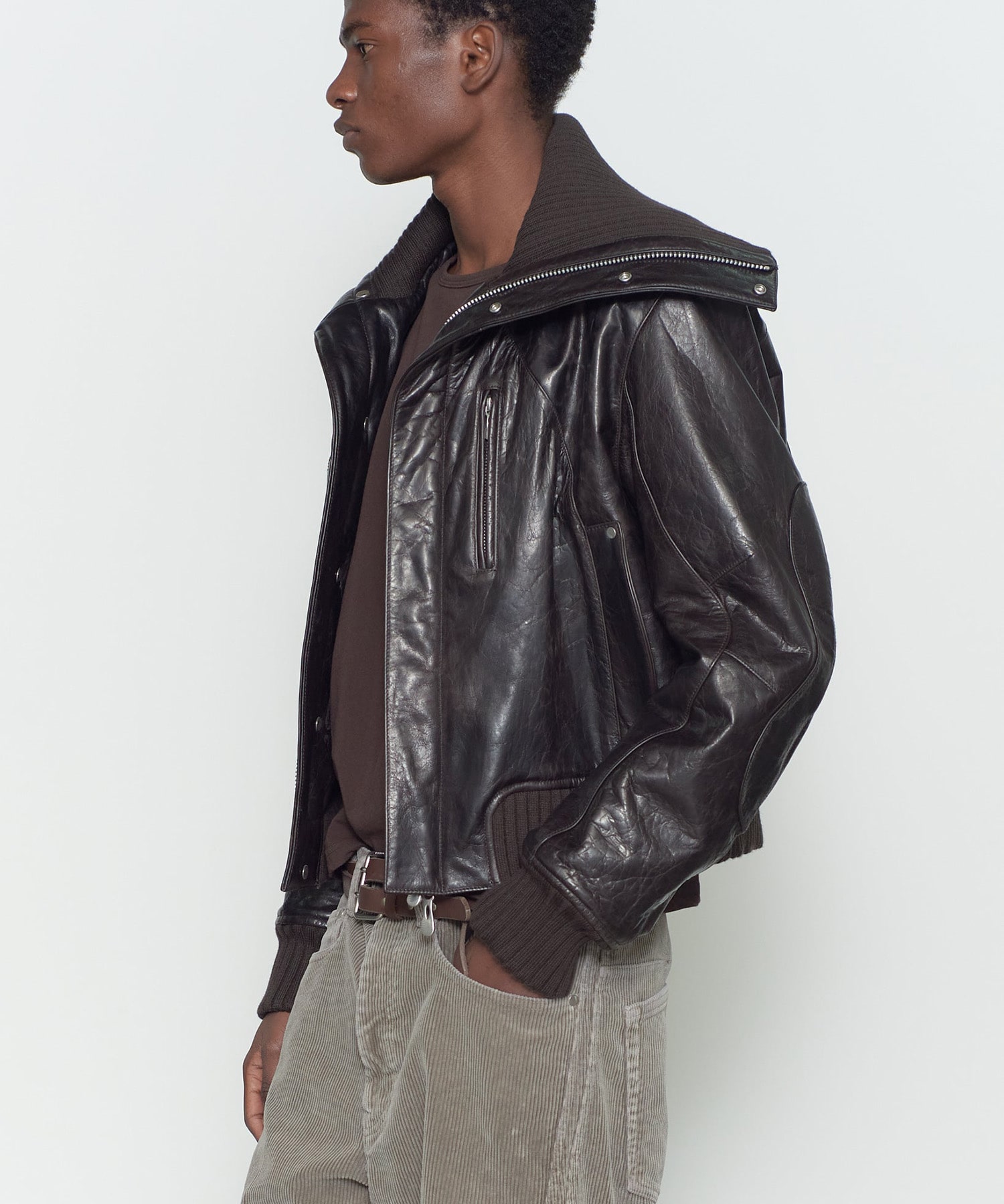 LEATHER PADDED HIGH NECK BOMBER JACKET NVRFRGT