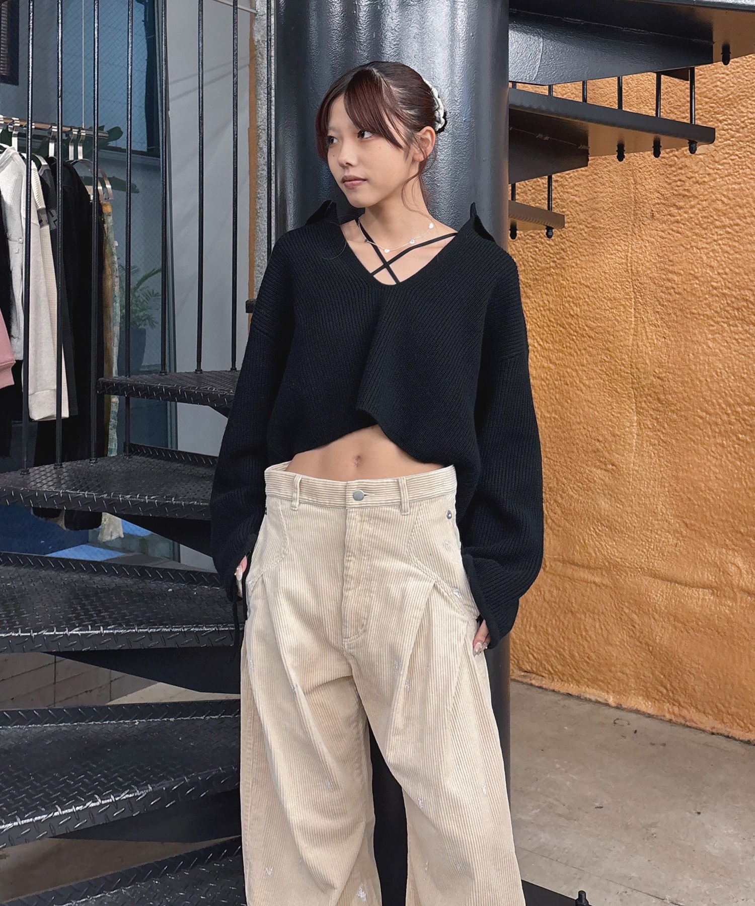 EX.cashmere slit neck loose short knit Knuth Marf