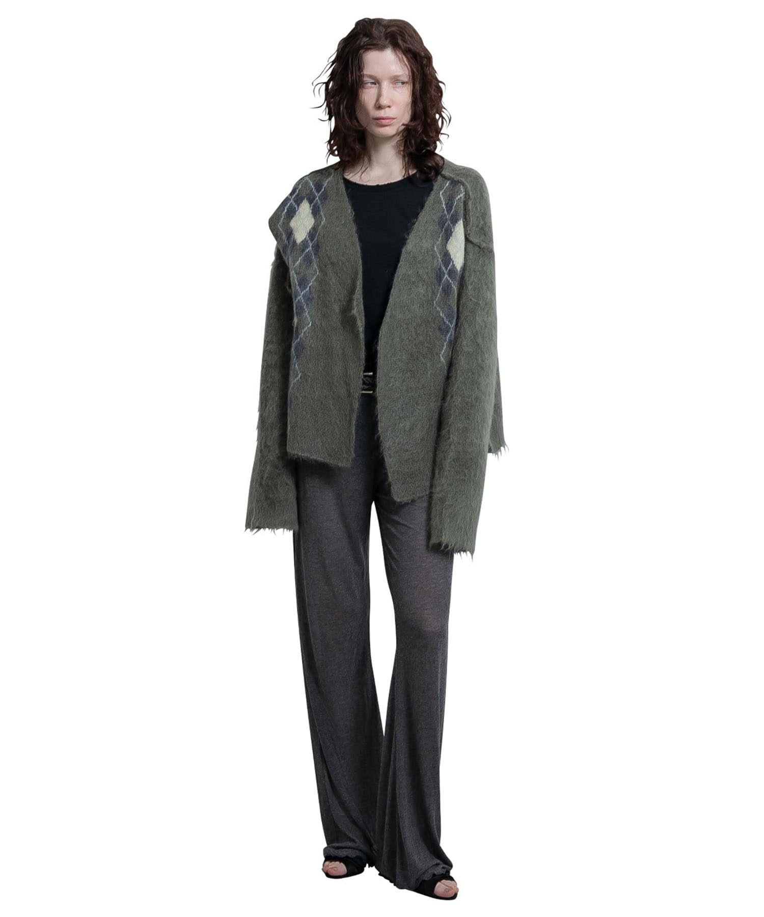 Wide Slit Argyle Line Cardigan PERVERZE