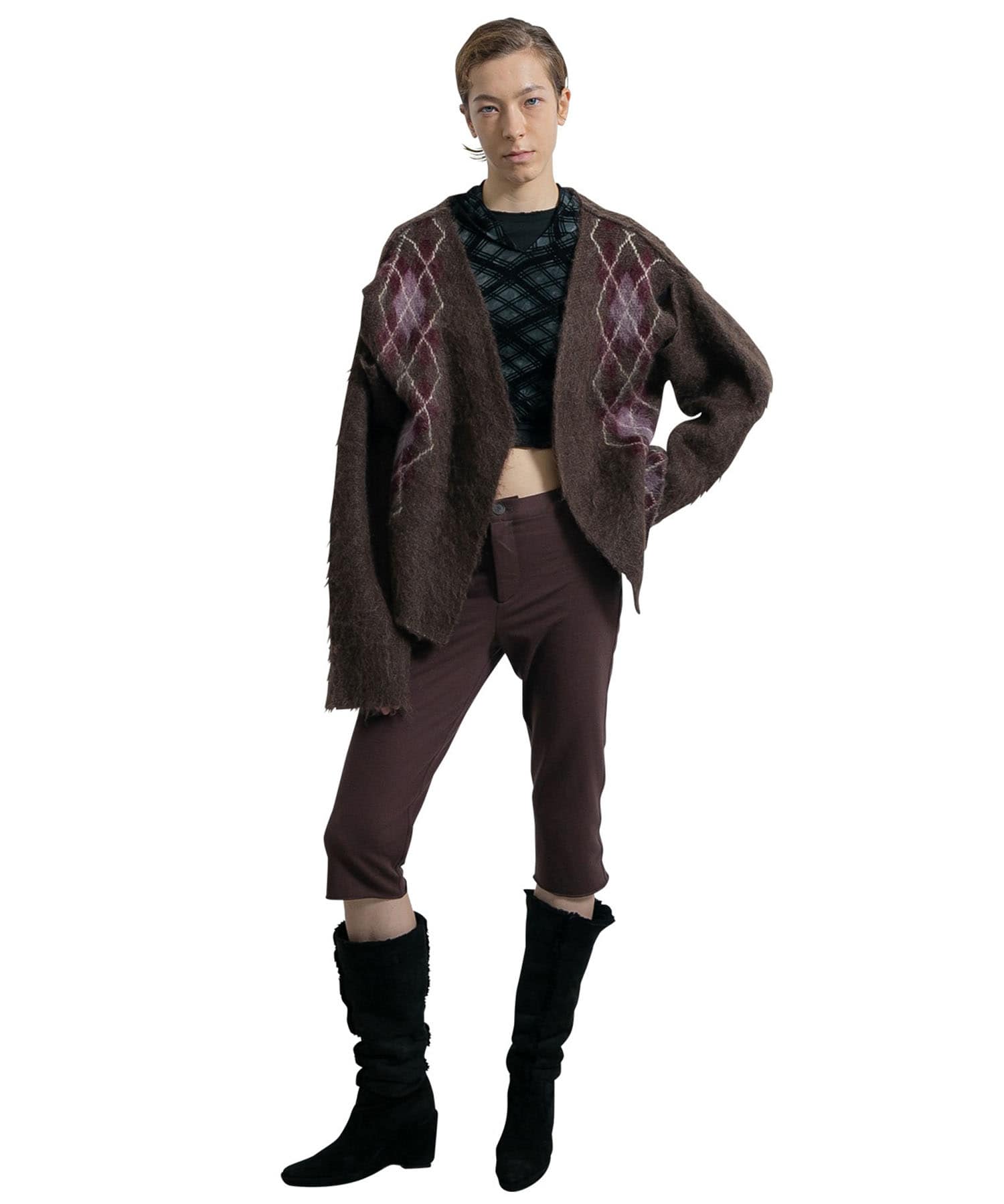 Wide Slit Argyle Line Cardigan PERVERZE