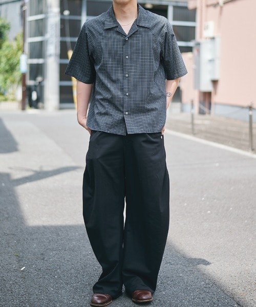 cropped open collar short sleeve shirt check CONZ