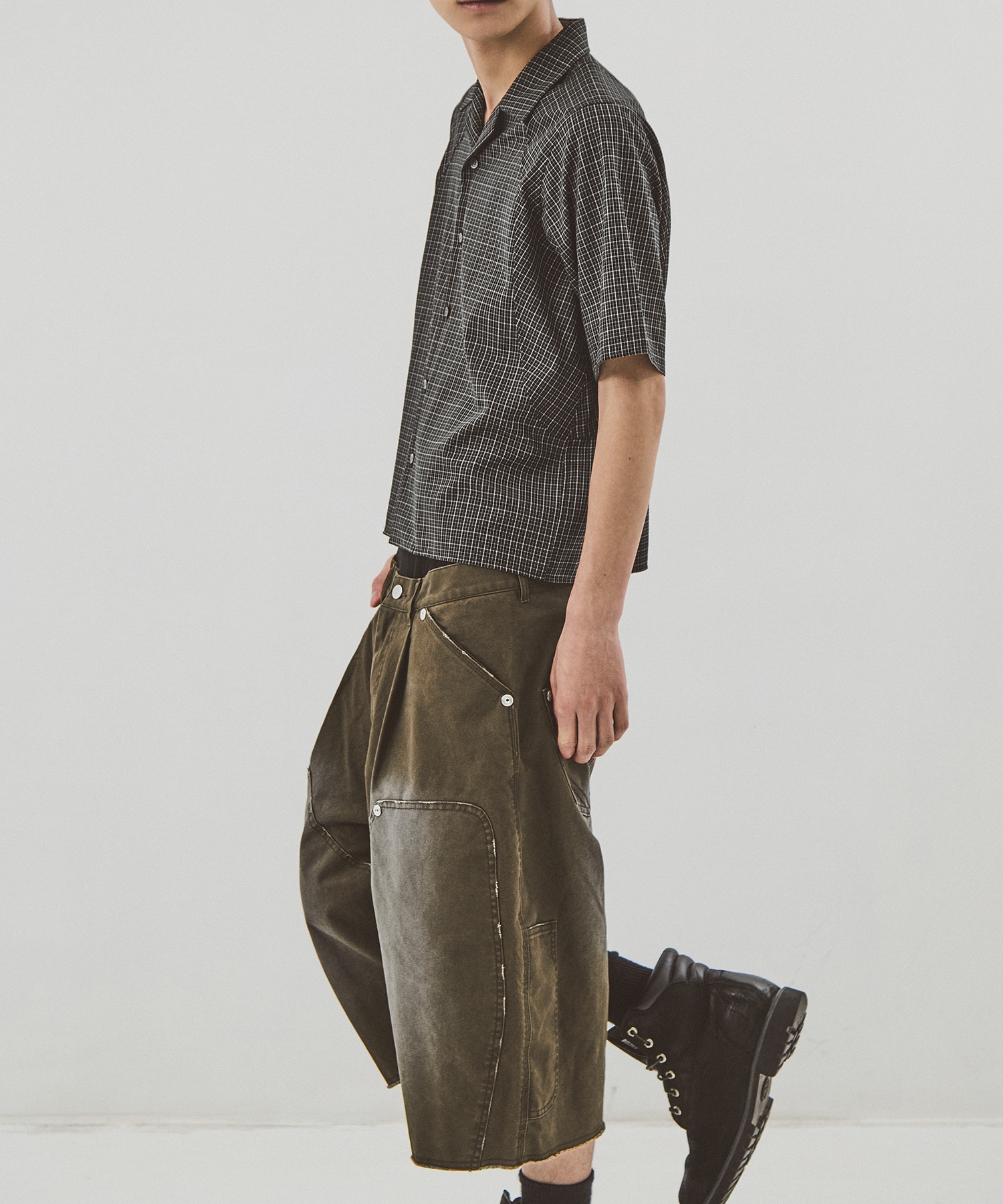 cropped open collar short sleeve shirt check CONZ