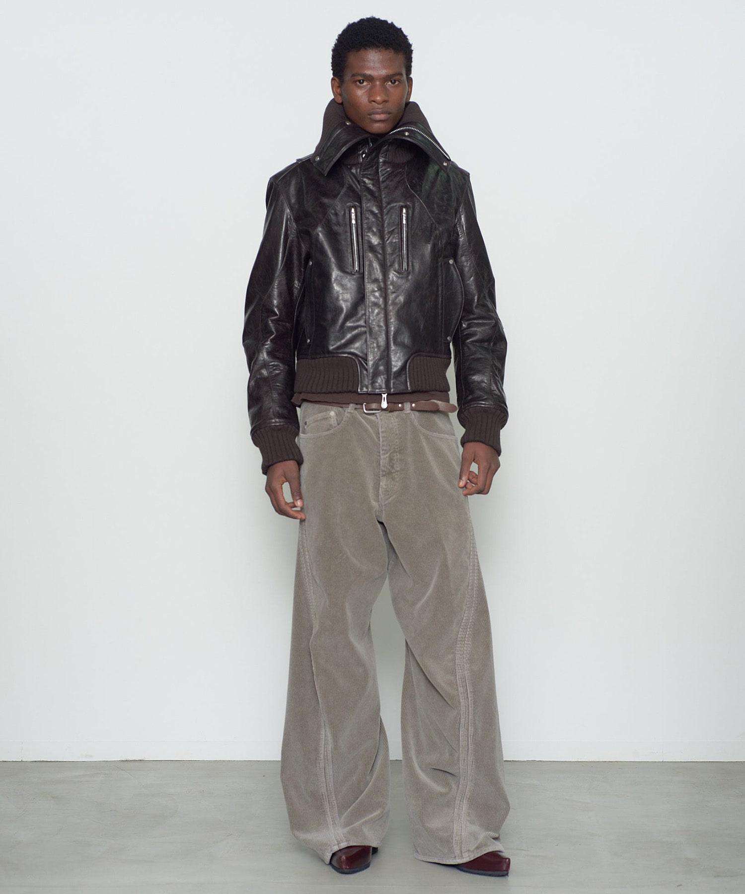 LEATHER PADDED HIGH NECK BOMBER JACKET NVRFRGT