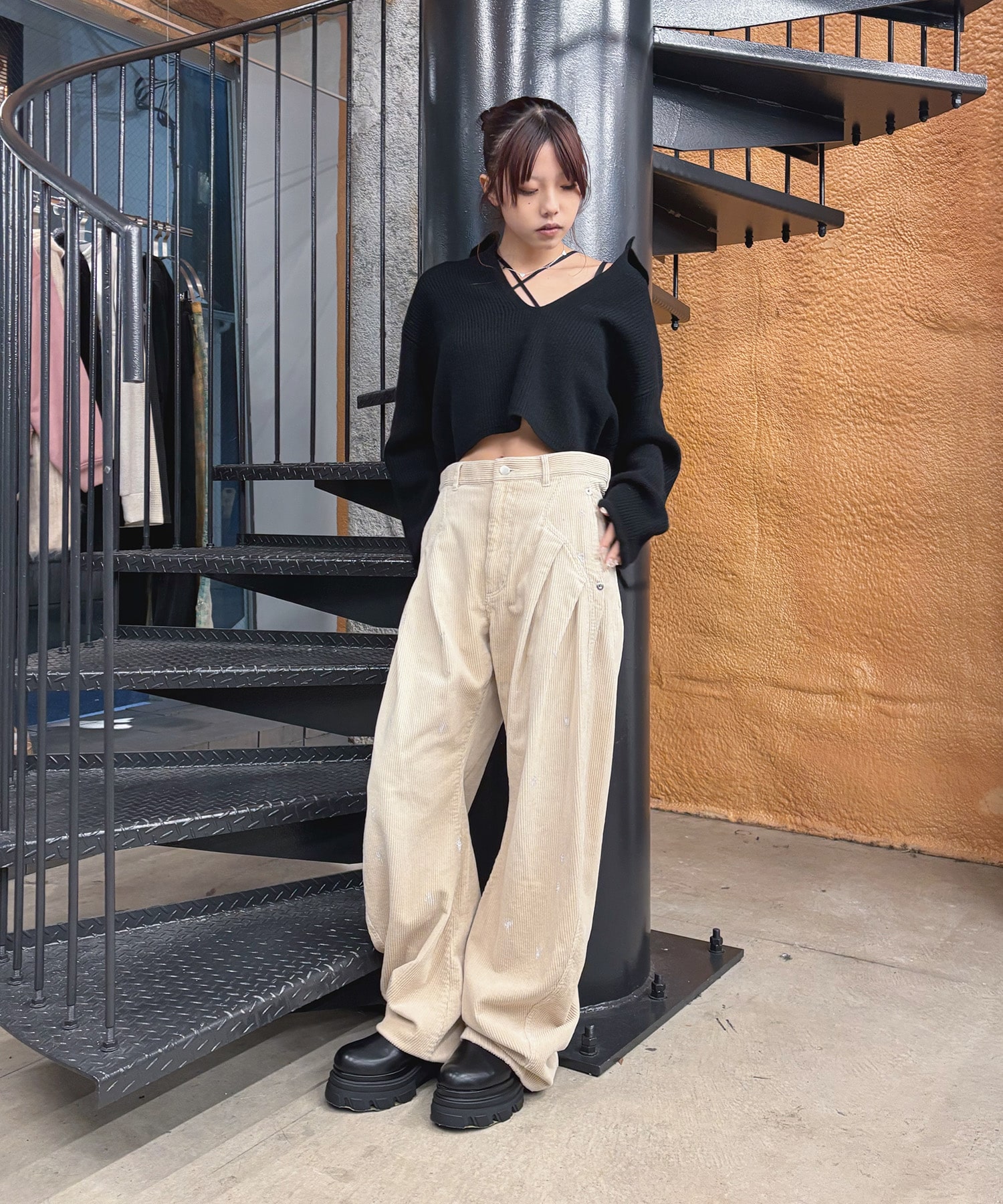 EX.cashmere slit neck loose short knit Knuth Marf