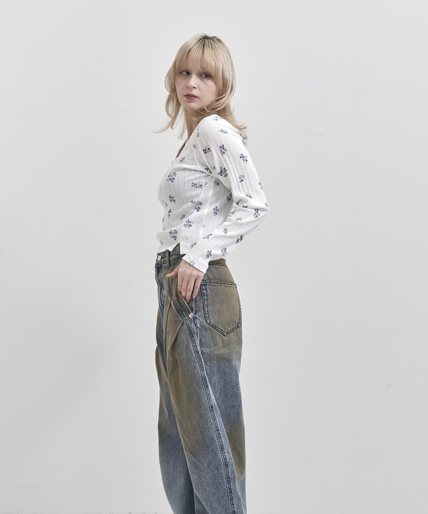 COTTON EYELET RIB FLOWER SQUARE NECK PULLOVER JANE SMITH