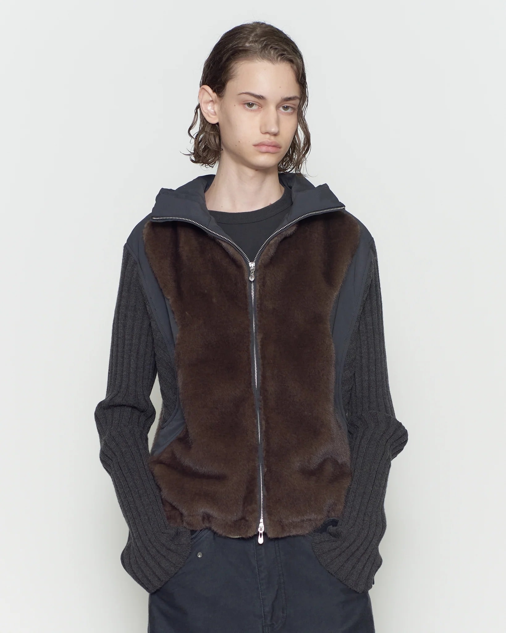 KNITTED SLEEVE PANELLED ZIP UP HOODED JACKET NVRFRGT