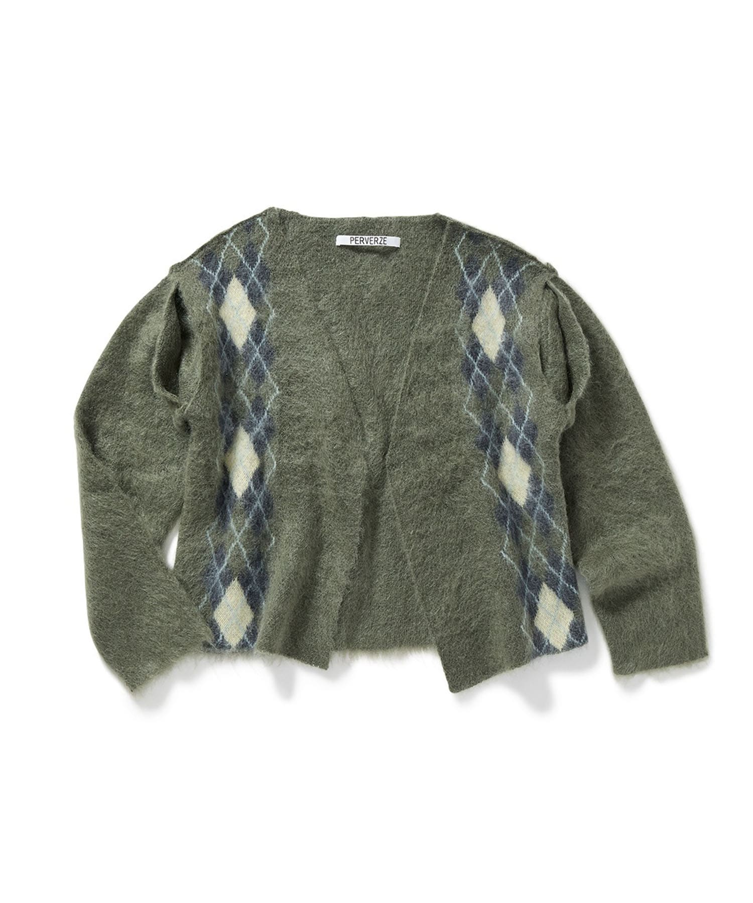 Wide Slit Argyle Line Cardigan PERVERZE