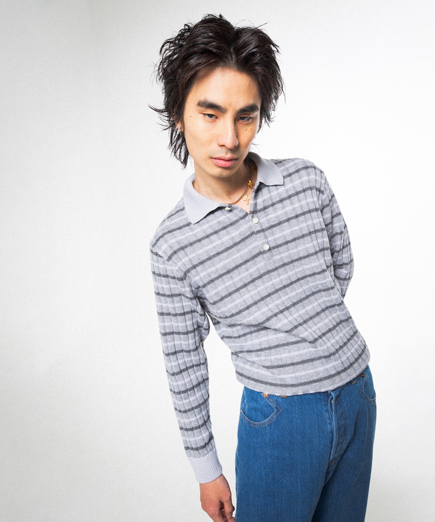 RIBBED KNIT POLO SHIRT RICE NINE TEN