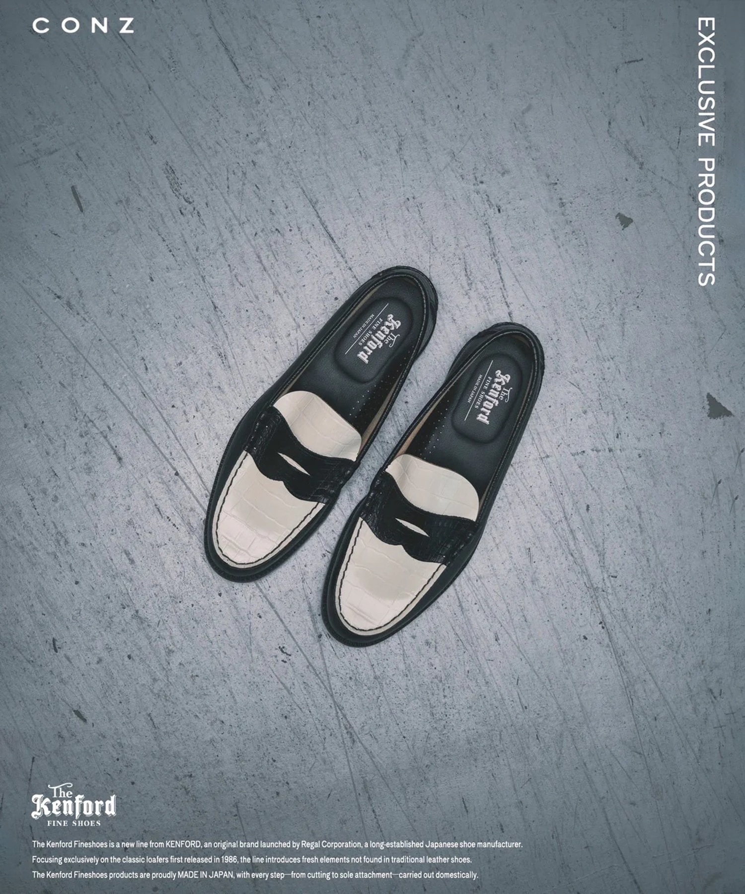 別注 EMBOSSED LOAFERS BLACK WHITE CROCODILE COMBI The Kenford FINESHOES