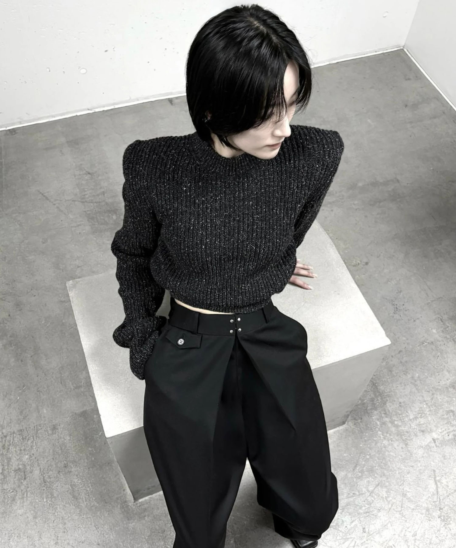 WOOL SILK POWER SHOULDER RIB KNIT SWEATER JOHN LAWRENCE SULLIVAN