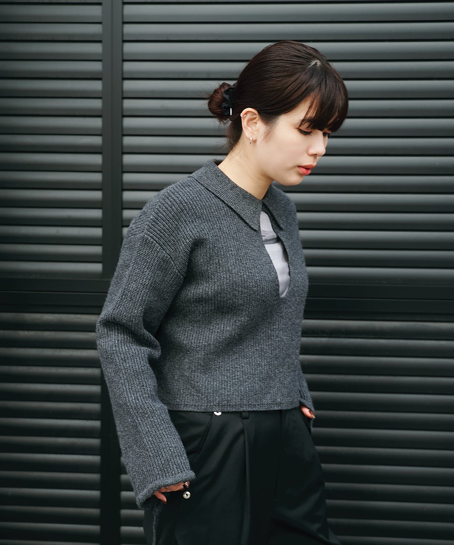 EX.cashmere slit neck loose short knit Knuth Marf