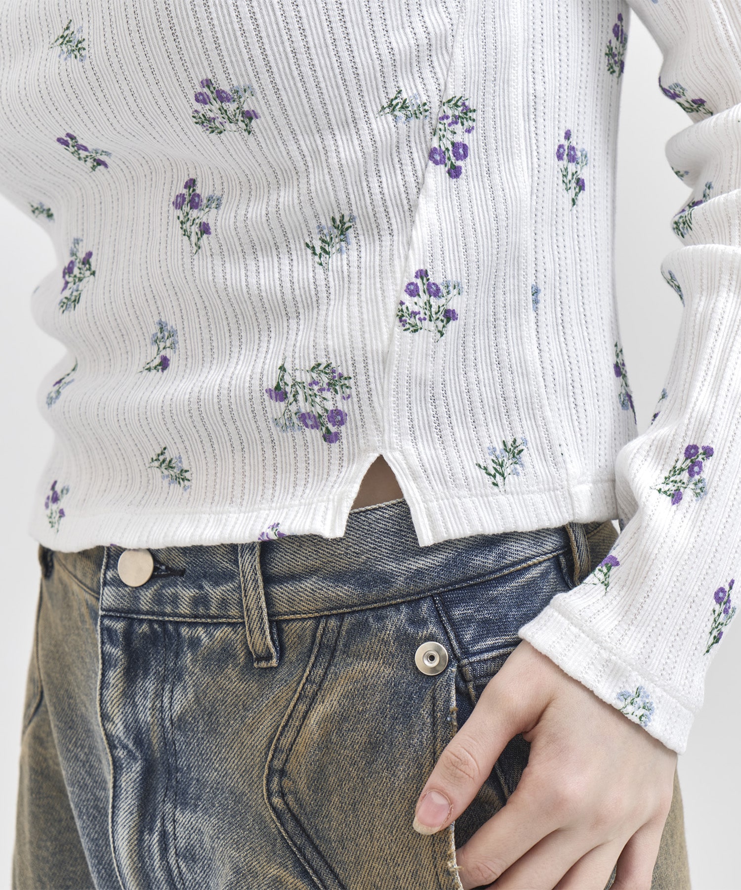 COTTON EYELET RIB FLOWER SQUARE NECK PULLOVER JANE SMITH