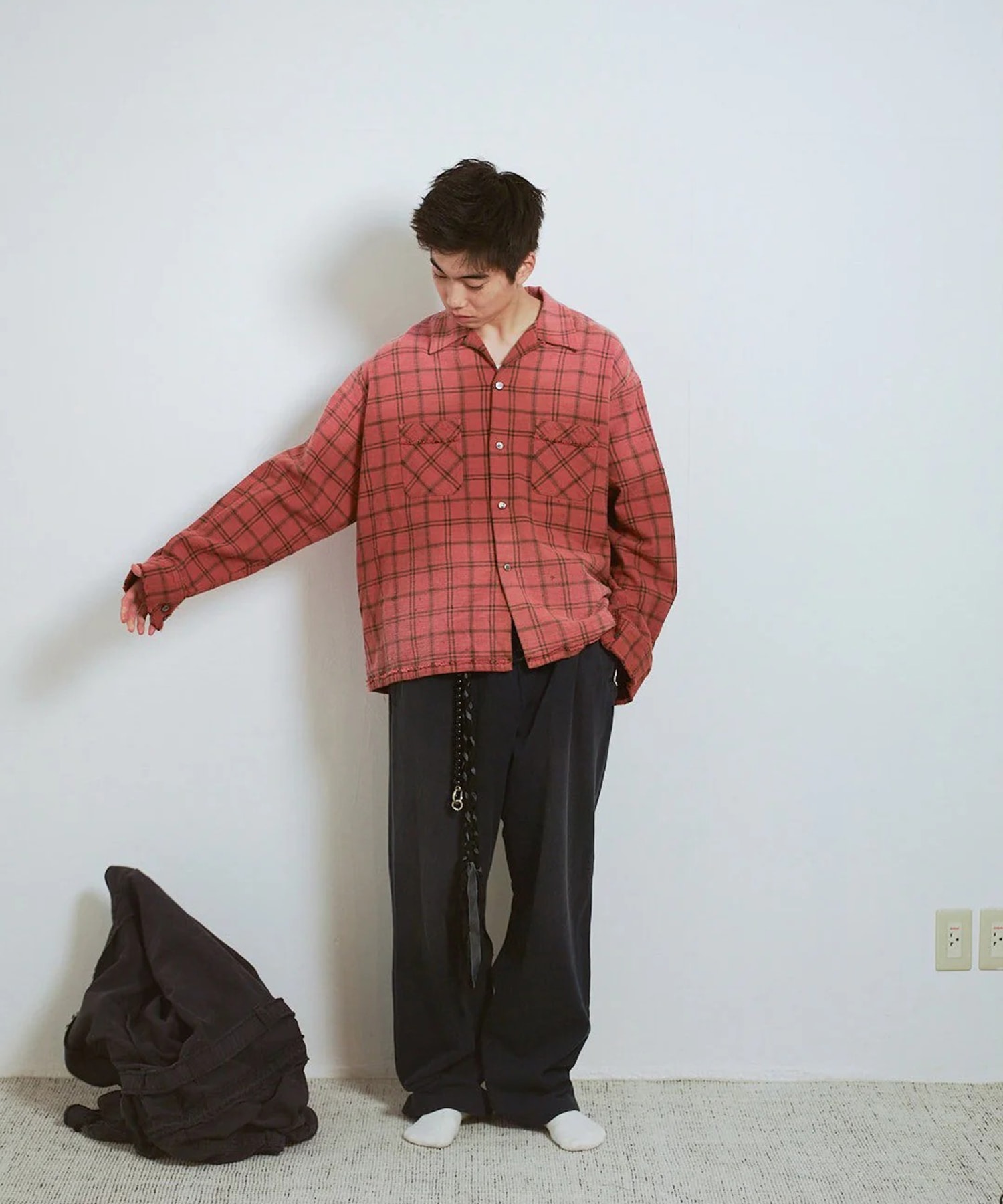 COTTON FLANNEL PLAID OPEN COLLAR SHIRT : DISTRESSED Name.