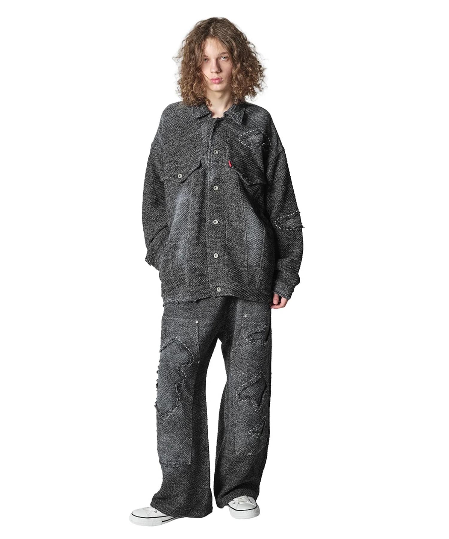 Hard Damaged Double Knee Black Denim Knit Pants gim context