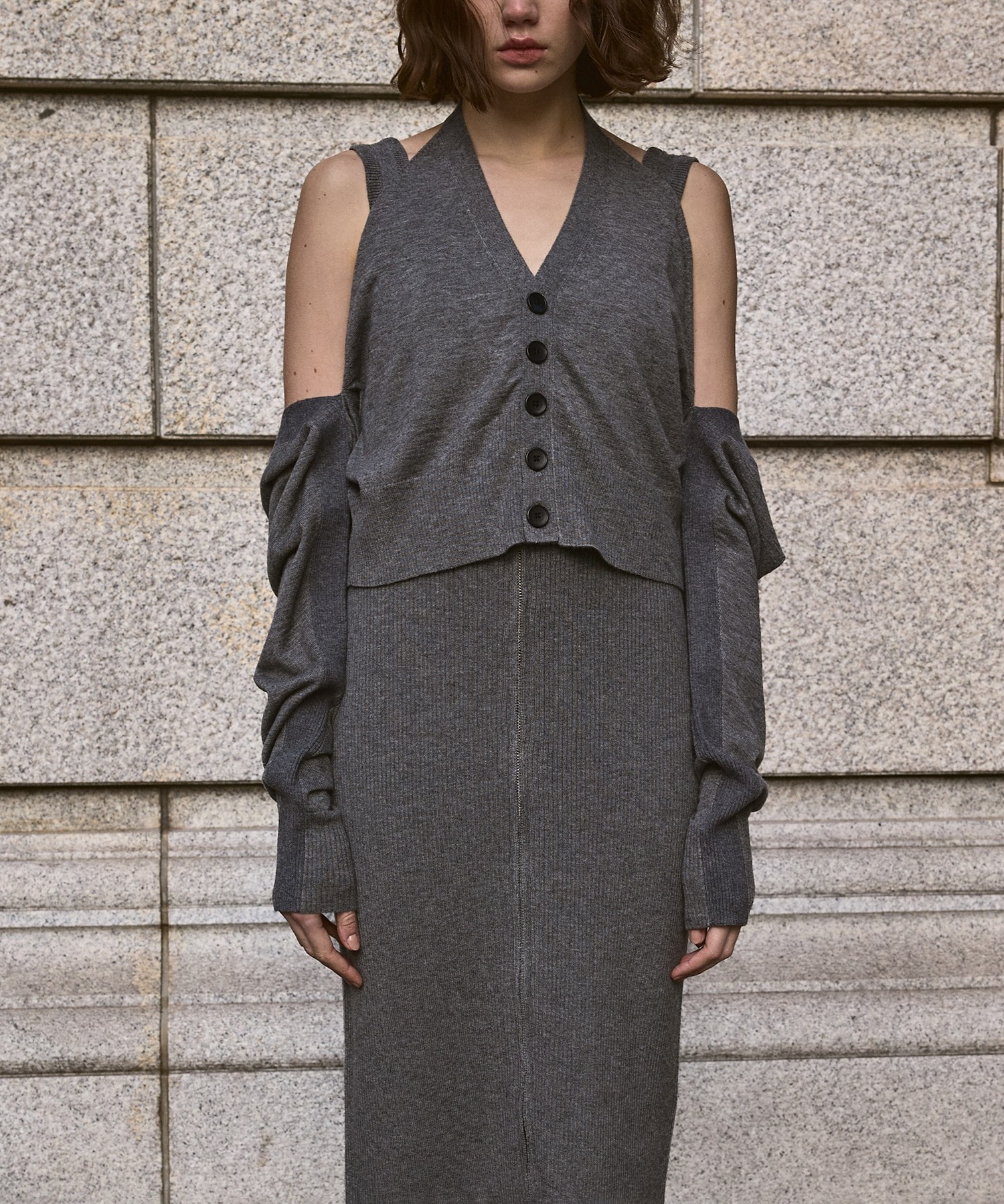 RIB SWITCHING SHORT CARDIGAN A CCORDION