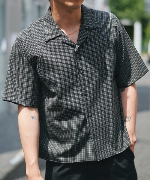 cropped open collar short sleeve shirt check CONZ