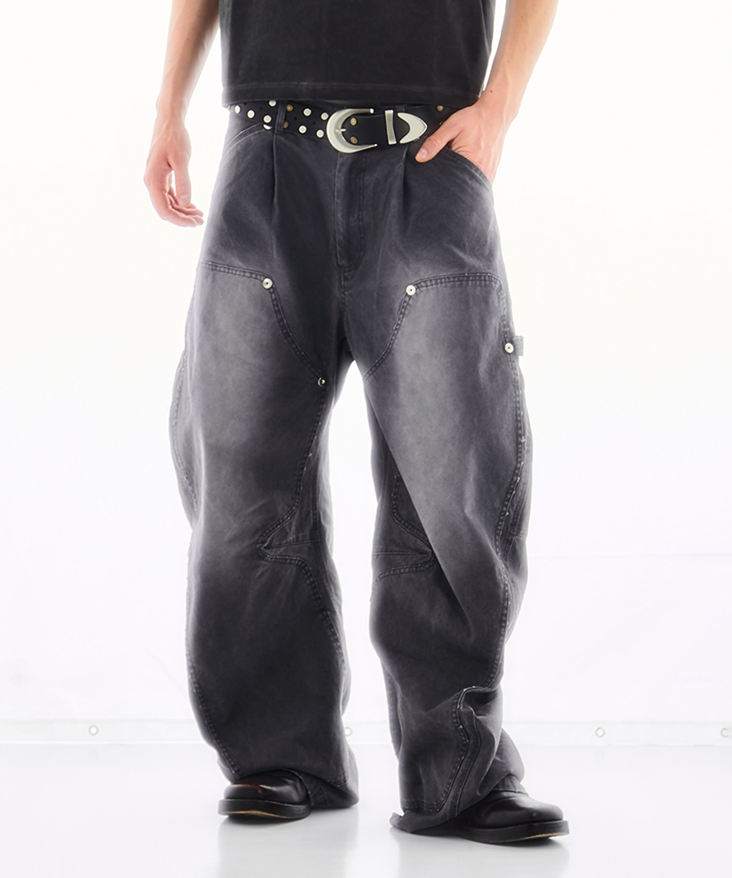 DUCK DOUBLE KNEE CURVED LEG PANTS