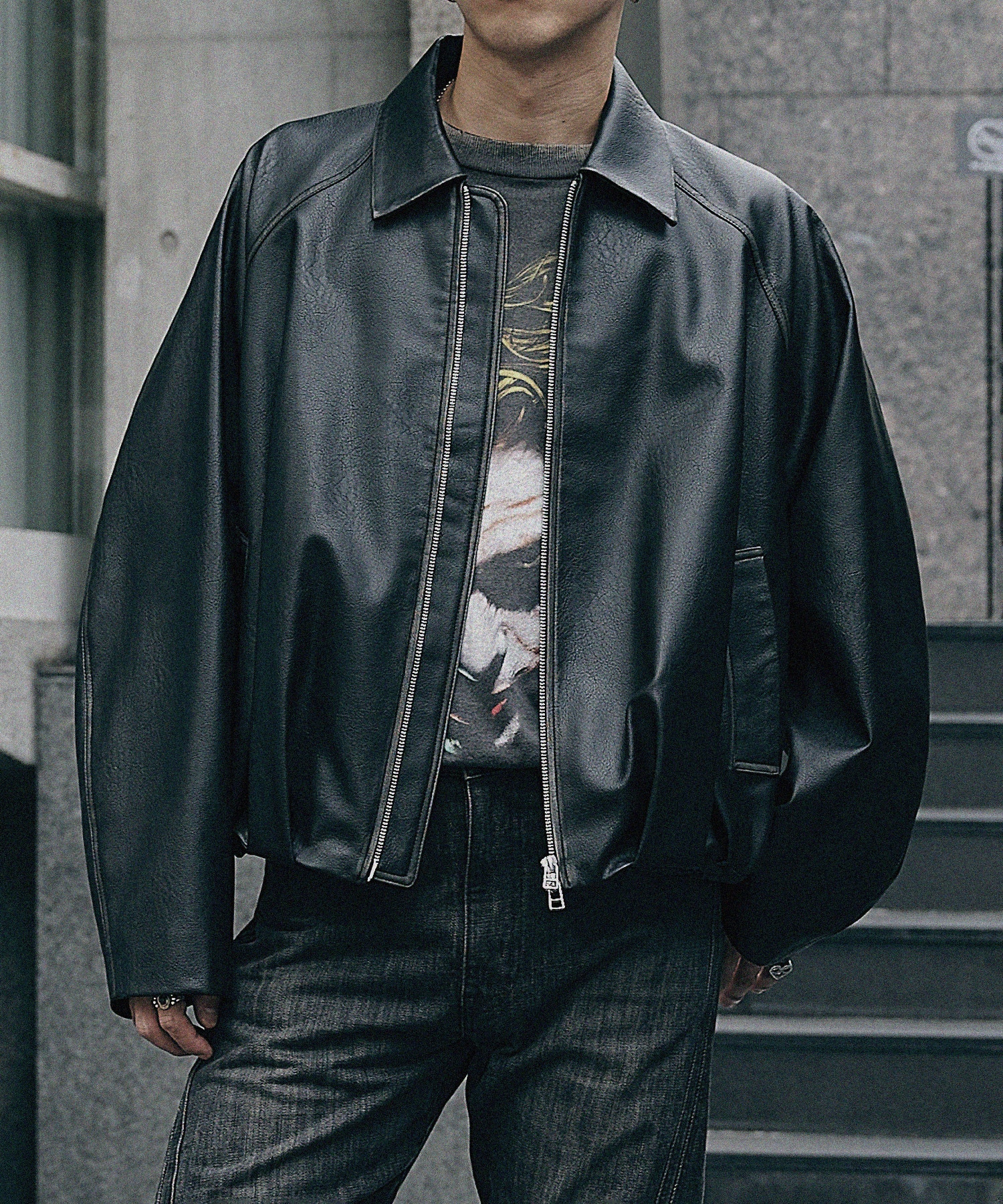 BALOON ZIP UP JACKET FAUX LEATHER