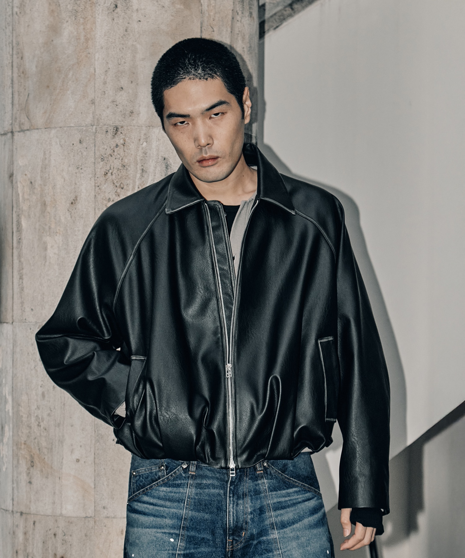 BALOON ZIP UP JACKET FAUX LEATHER