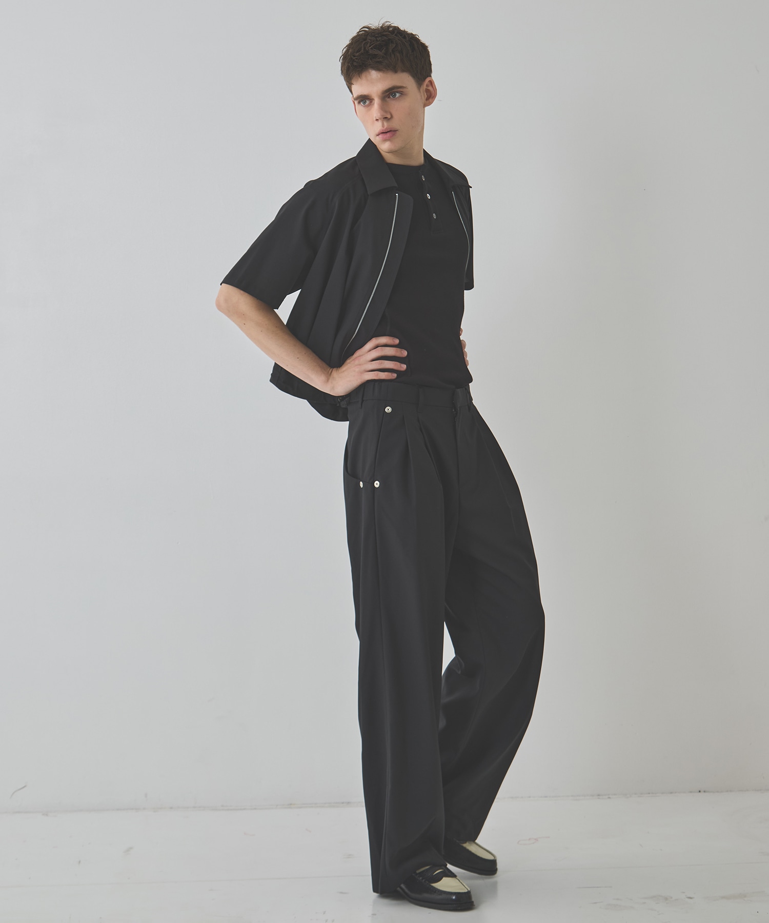 double pleated wide leg trousers