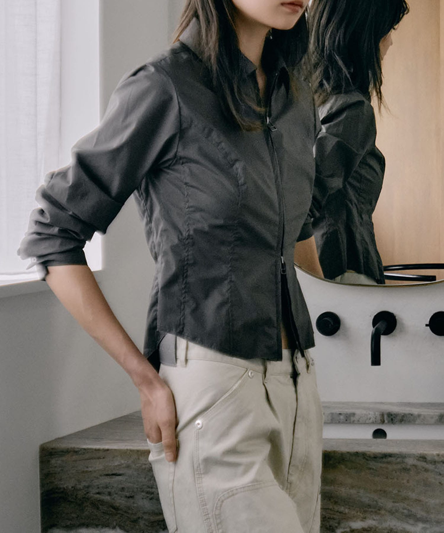 fitted zip up shirt