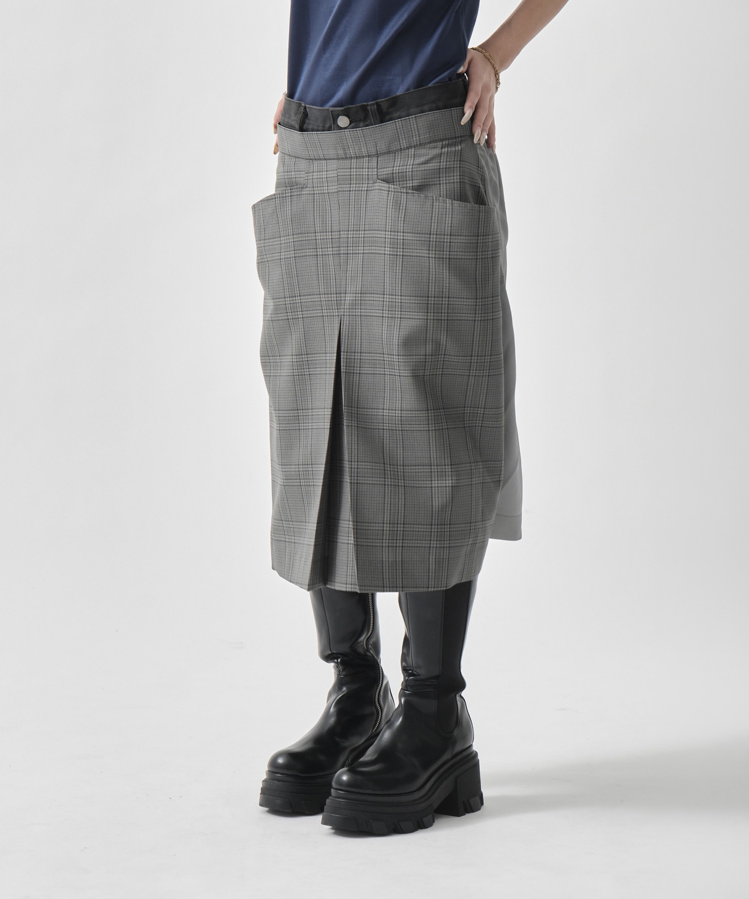 Wool Check Box Pleats Skirt