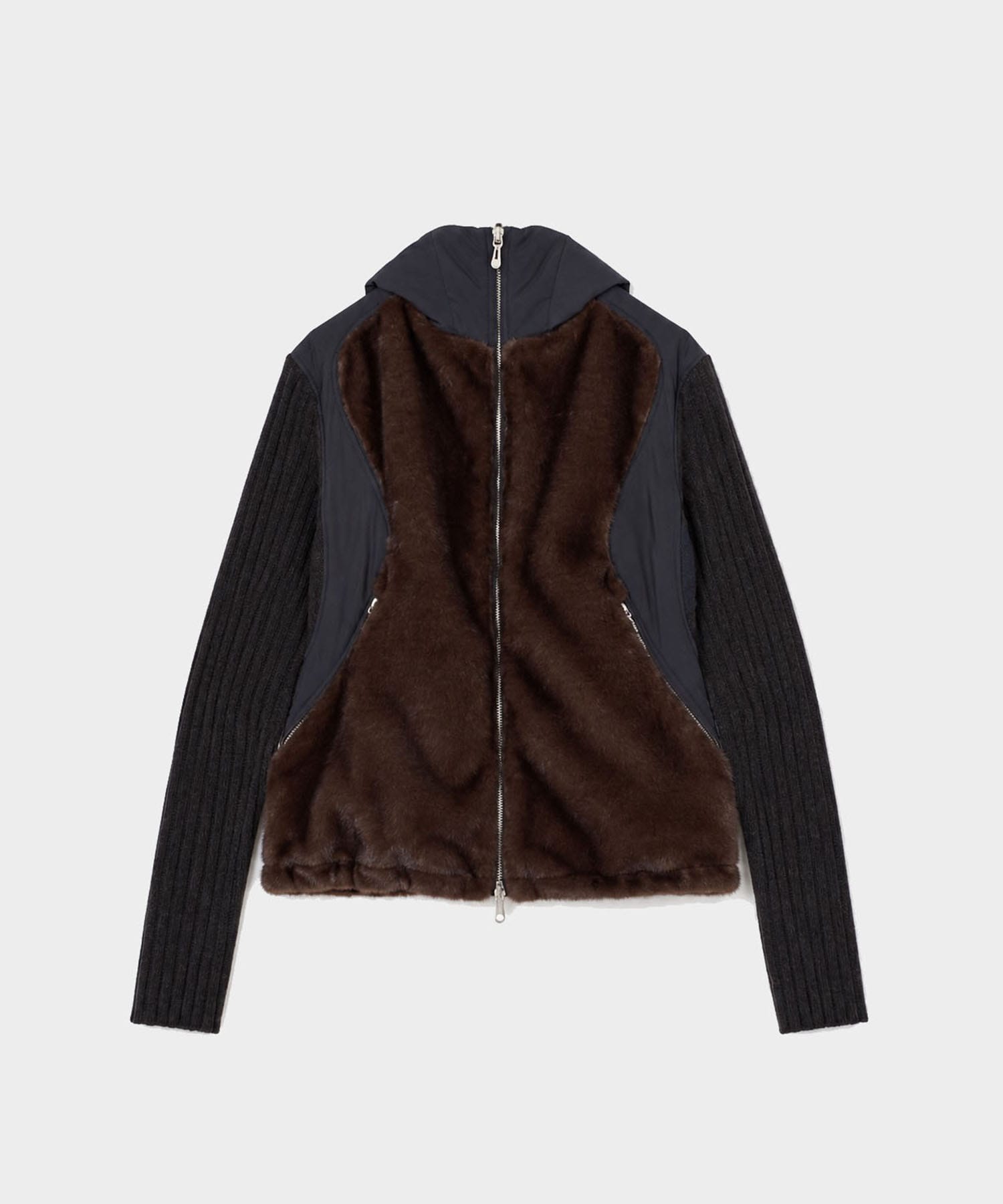 KNITTED SLEEVE PANELLED ZIP UP HOODED JACKET