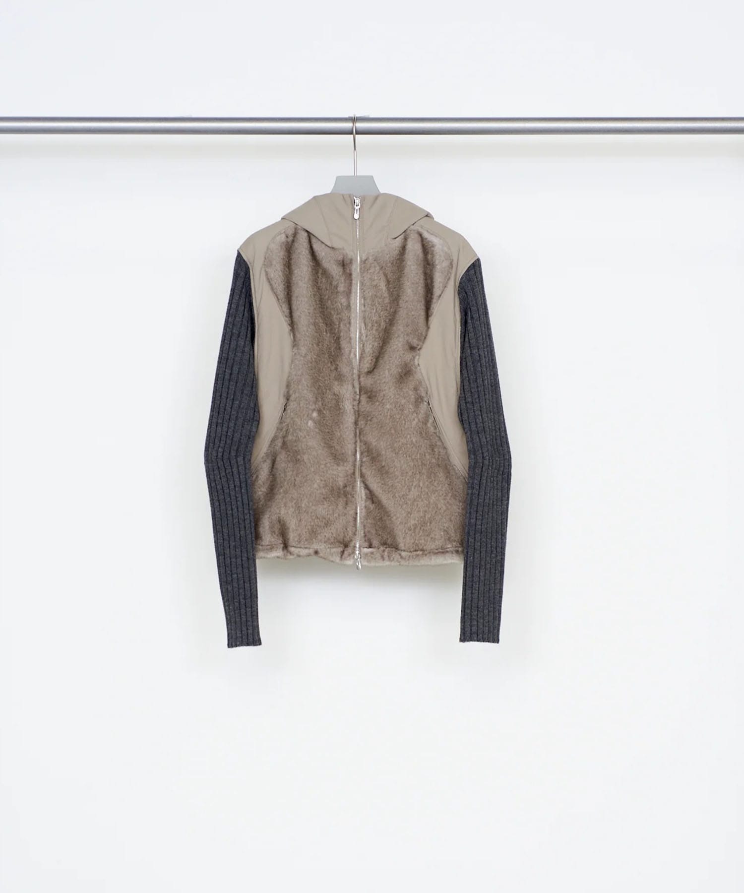 KNITTED SLEEVE PANELLED ZIP UP HOODED JACKET