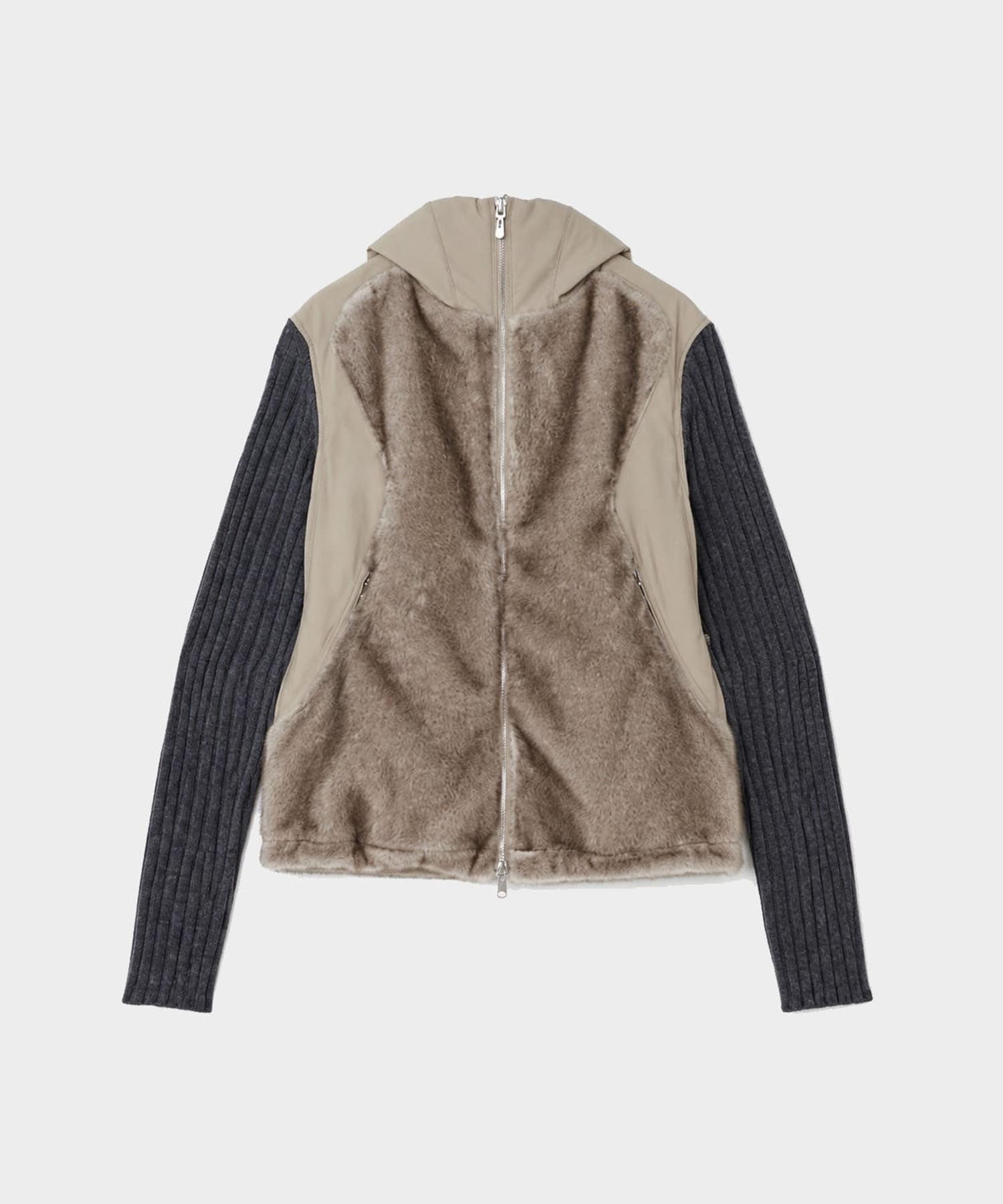 KNITTED SLEEVE PANELLED ZIP UP HOODED JACKET