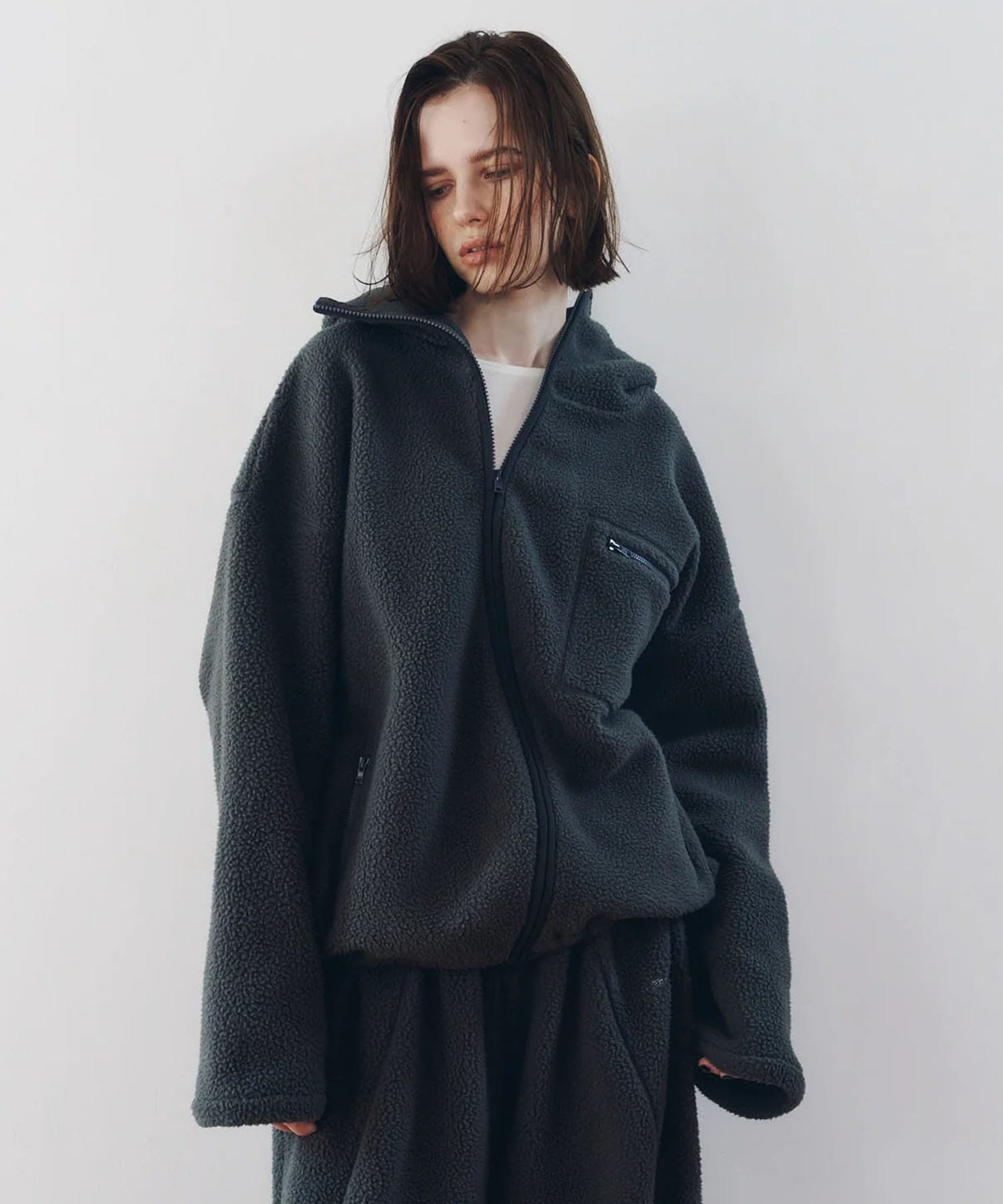 curved zip boa hoodie(unisex)
